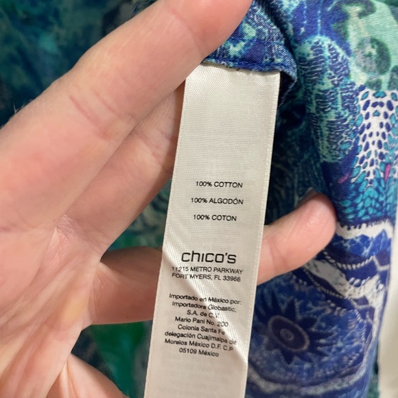 Chico's Blue and Green Patterned button down cotton Blouse - Picture 4 of 7
